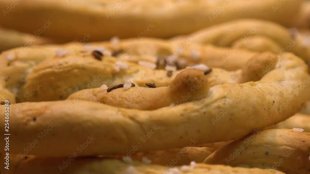 Closeup on a pile of pretzels on a shelf in a bakery Closeup on a pile of pretzels on a shelf in a bakery