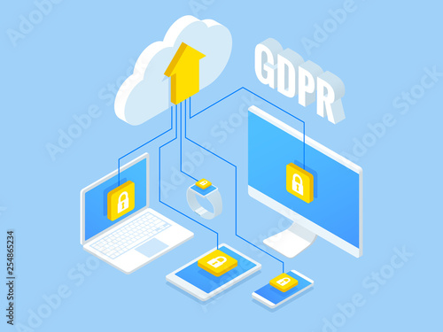 Isometric safety business. General data protection regulation GDPR concept. Idea of data protection. Online safety and privacy. Protection software, finance security