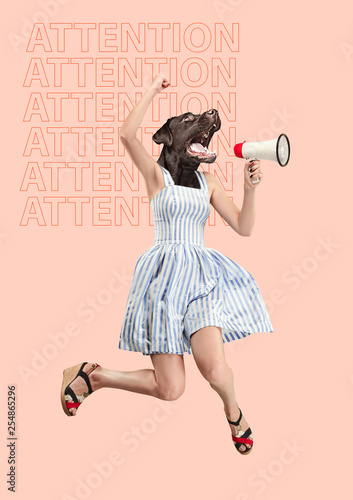 Contemporary art collage or portrait of surprised dog headed woman. Modern style pop zine culture concept. Woman screaming with a megaphone. Business processes, message, speaker, communication