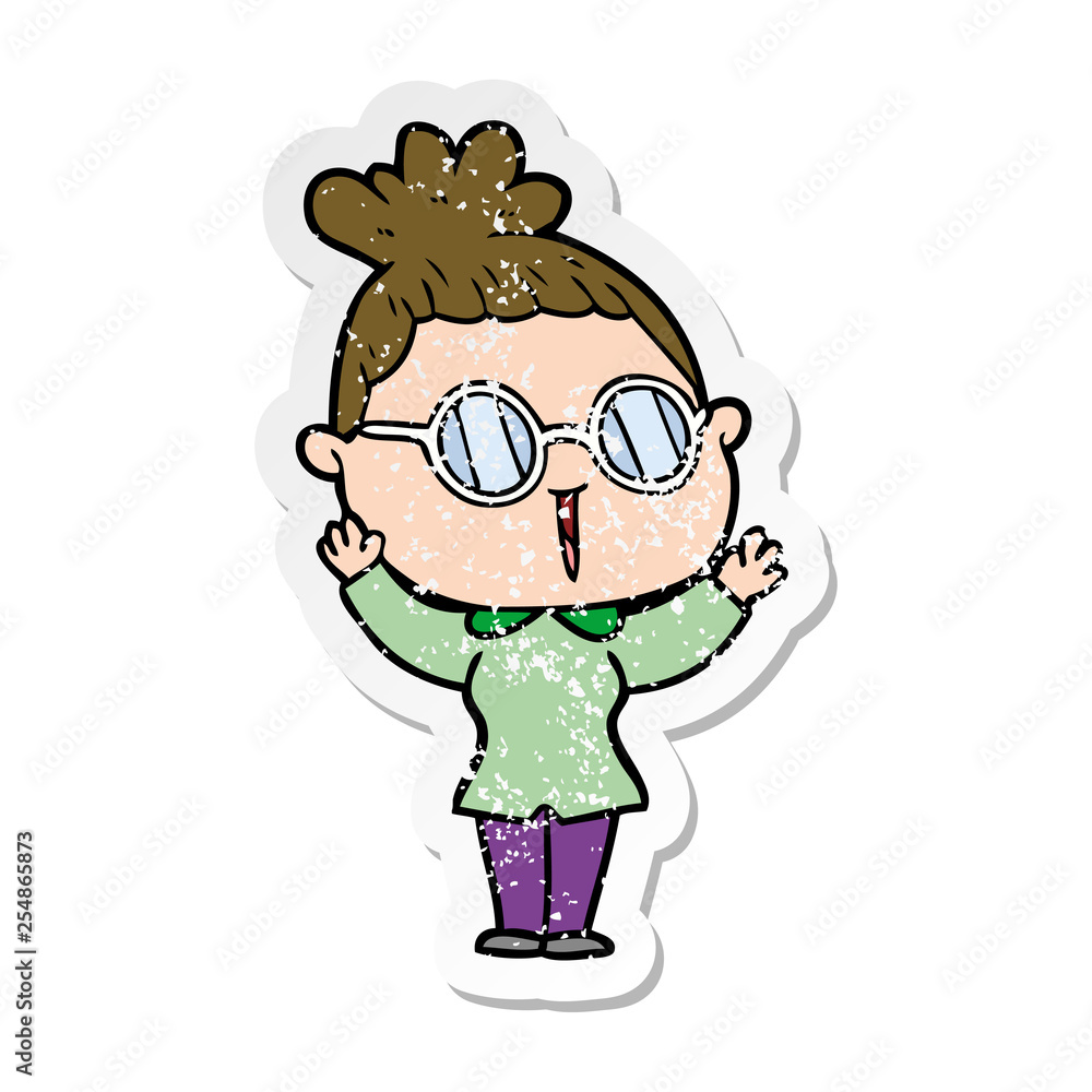 distressed sticker of a cartoon woman wearing spectacles distressed sticker of a cartoon woman wearing spectacles