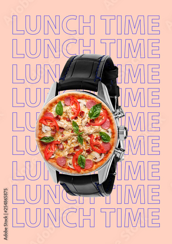 Funny art collage. Pizza with wristwatch. Contemporary modern image. Emotions hungry person, dreams of food and lunch time