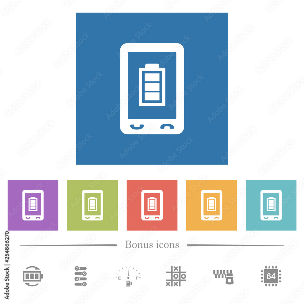 Mobile battery status flat white icons in square backgrounds Mobile battery status flat white icons in square backgrounds