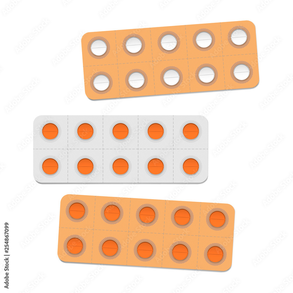 Vecteur Stock Medical pill blister packages with individual detachable  cells, orange color set. Ten medicine tablets per pack, vector template |  Adobe Stock