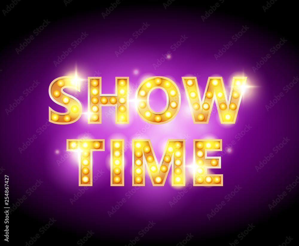 Show time bulb letters advertisement vector illustration. Colorful background.