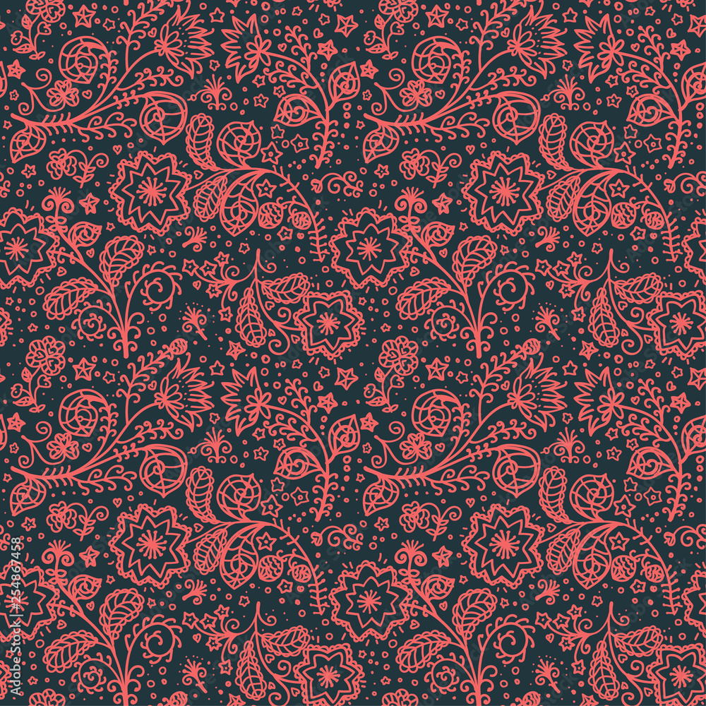 vector coral pattern on dark background with line hand drawn fantastic flowers and leaves. Template of textile or box design in doodle style. vector coral pattern on dark background with line hand drawn fantastic flowers and leaves. Template of textile or box design in doodle style.