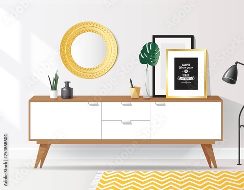 Wooden sideboard with plants and posters on it against white wall. Modern interior with tropical elements. Vector illustration