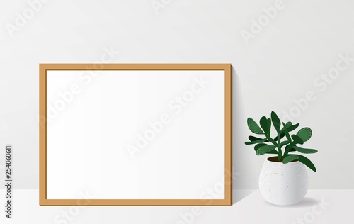 Poster mock up with empty wooden frame and crassula plant. Vector realistic illustration