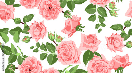 Seamless Floral Rose Pattern with Leaves.