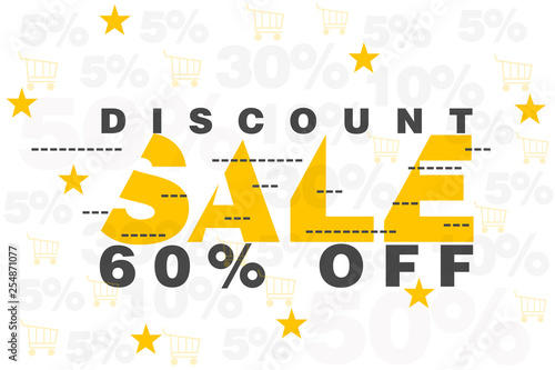 Flat Banner Design discount sale 60% off for web page, mobile banner, shopping, e-commerce, discount coupon and clearance sale. Modern Vector illustration concept of word discount sale.