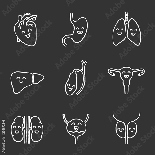 Smiling human internal organs chalk icons set