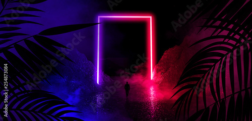 Background of the dark room, tunnel, corridor, neon light, lamps, tropical leaves. Abstract background with new light.