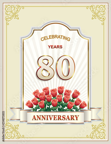 Anniversary 80th, birthday card with flowers on beige background in curly frame