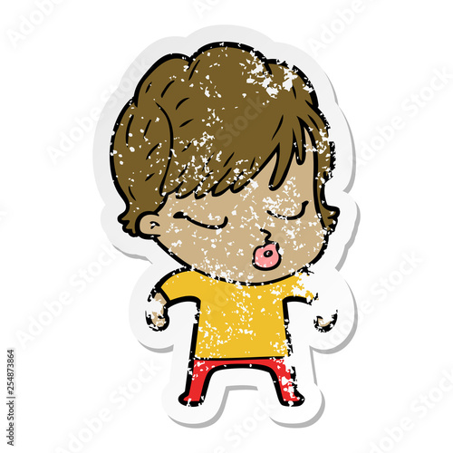 distressed sticker of a cartoon woman with eyes shut