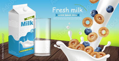 Milk and cereals Vector realistic with splash. Product placement mock up. Label design. Splash milk backgrounds
