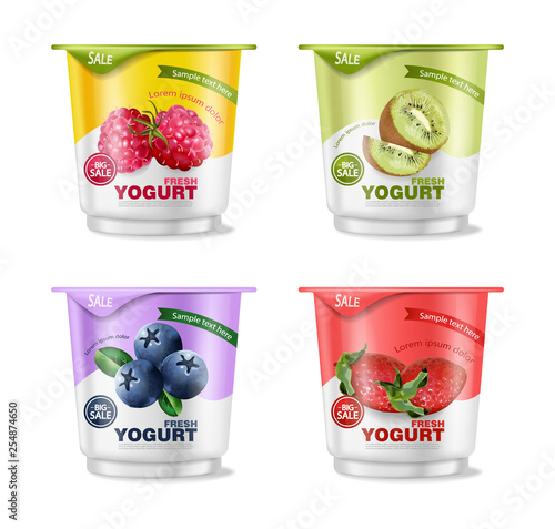 Fruits yogurt set Vector realistic. Berry, raspberry and kiwi collections