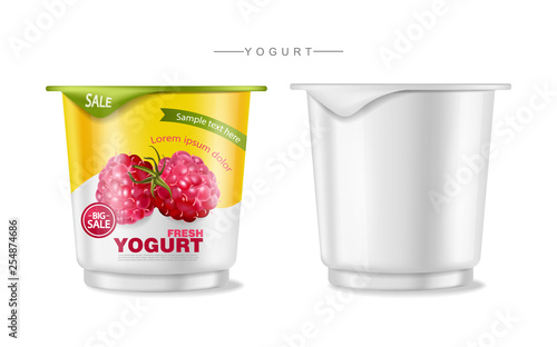 Fruits yogurt set Vector realistic. Berry, raspberry and kiwi collections