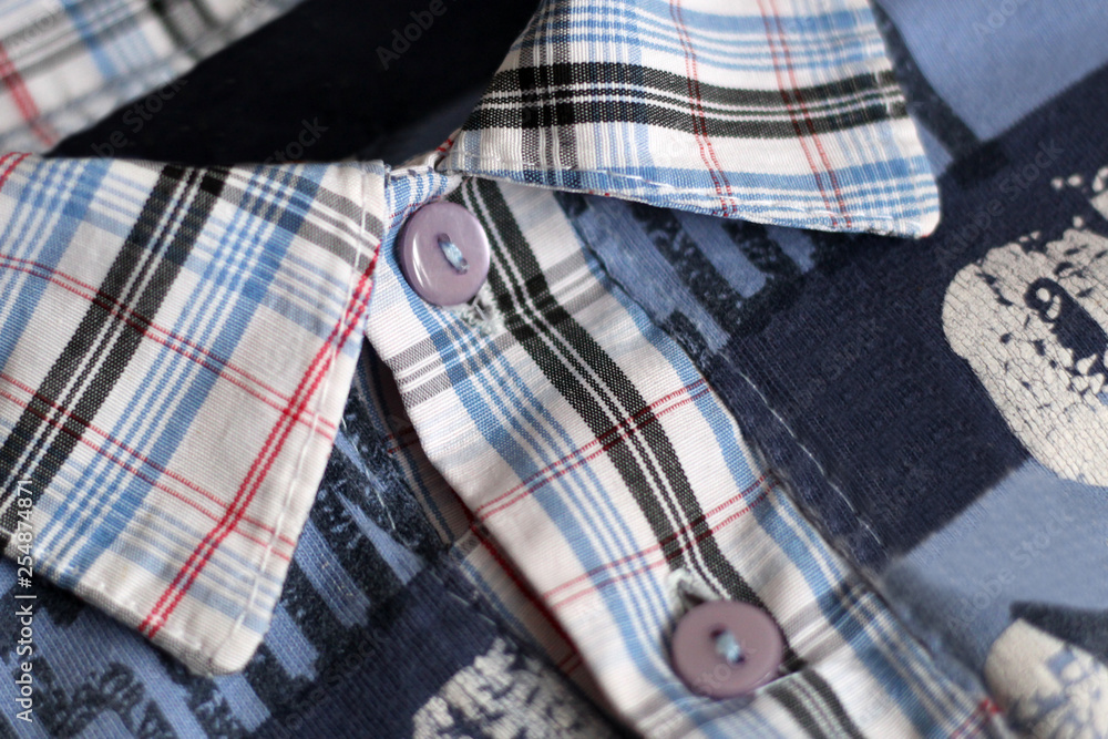 Close up of buttons and collar on a checked flannel shirt. Close up of buttons and collar on a checked flannel shirt.