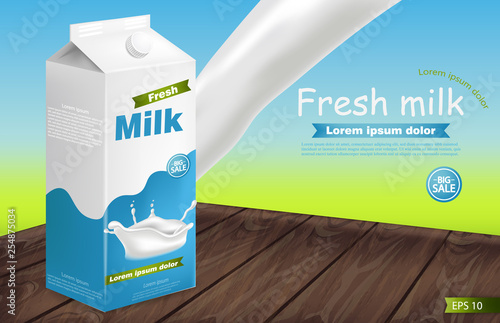 Milk package on wooden table Vector realistic with splash. Product placement ...