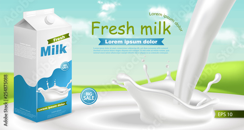 Milk package Vector realistic with splash. Product placement mock up. Label design. Splash milk backgrounds