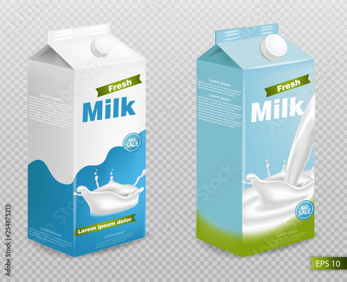 Milk package isolated on transparent Vector realistic with splash. Product placement mock up. Label designs