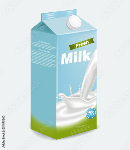 Milk package Vector realistic with splash. Product placement mock up. Label d...