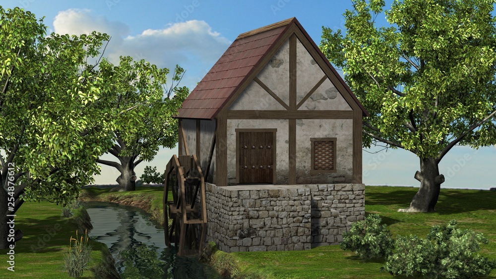 Water mill on the brook between trees on blue sky background