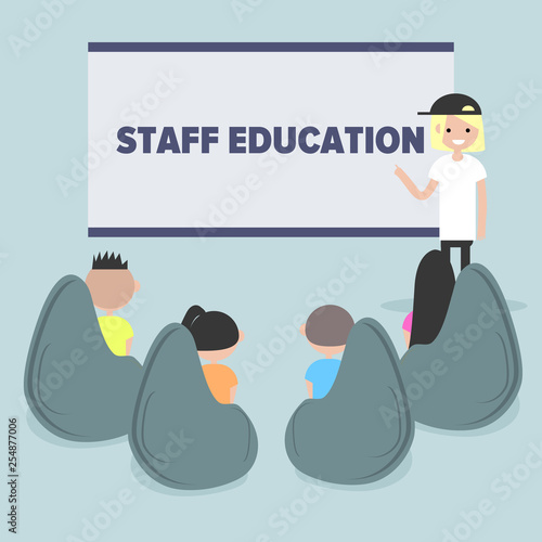 Staff education. Office workshops and seminars.Career. Modern workers. Flat cartoon design.Clip art