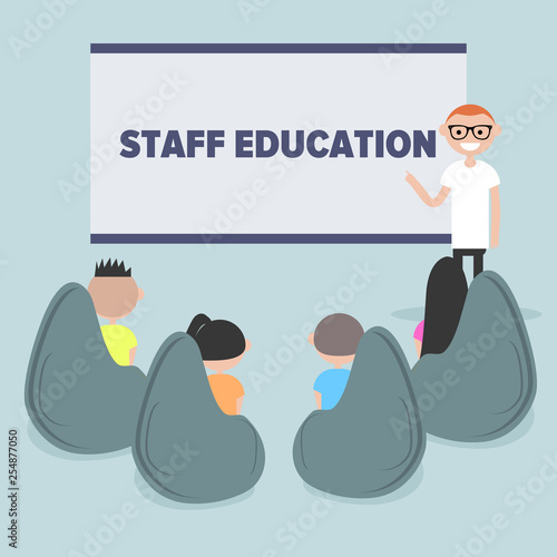 Staff education. Office workshops and seminars.Career. Modern workers. Flat cartoon design.Clip art