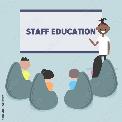 Staff education. Office workshops and seminars.Career. Modern workers. Flat cartoon design.Clip art