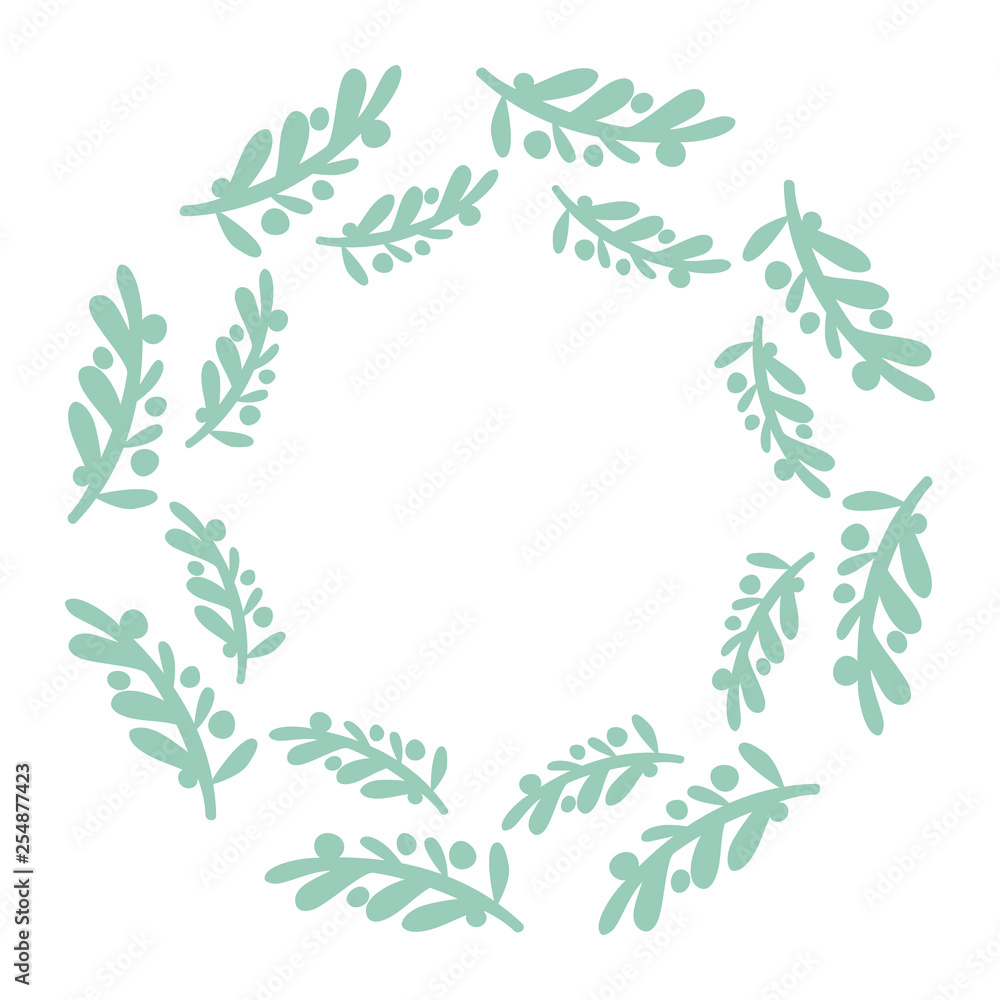 Hand drawn vector round olive frame. Floral wreath with leaves, berries, branches Decorative elements for design. Ink, vintage and rustic styles.