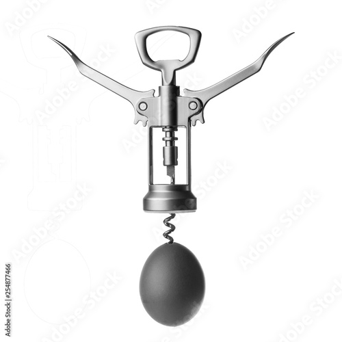 corkscrew is screwed into the egg. without color. isolated on white background photo