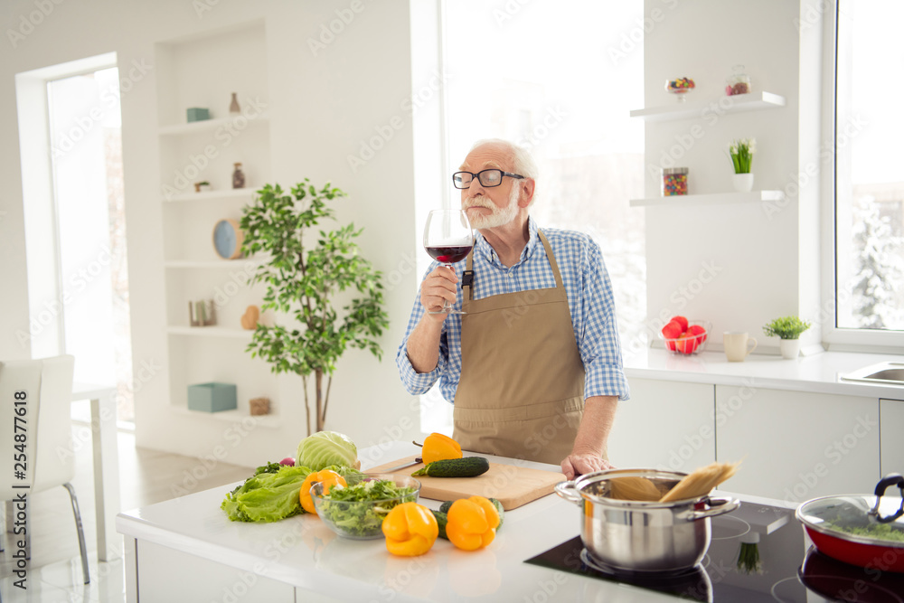 Close up photo grey haired he his him grandpa hand arm big large wine glass pleasant aroma after hardworking master class day wear specs casual checkered plaid shirt jeans denim outfit kitchen Close up photo grey haired he his him grandpa hand arm big large wine glass pleasant aroma after hardworking master class day wear specs casual checkered plaid shirt jeans denim outfit kitchen