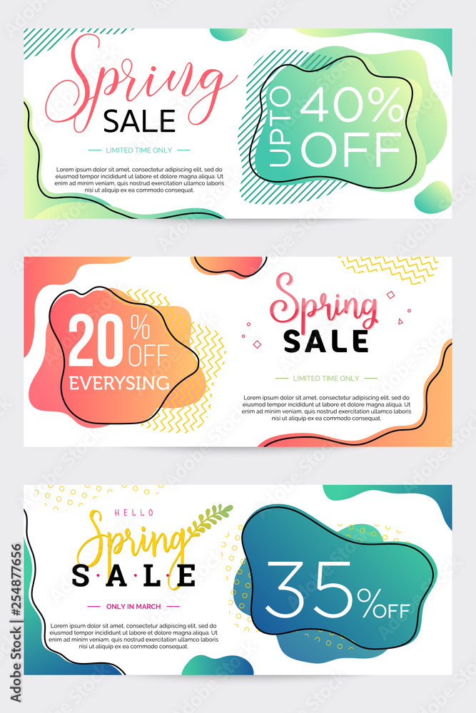 Set of three sale banners, templates for spring holiday, bright dual-gradient liquid shapes on background