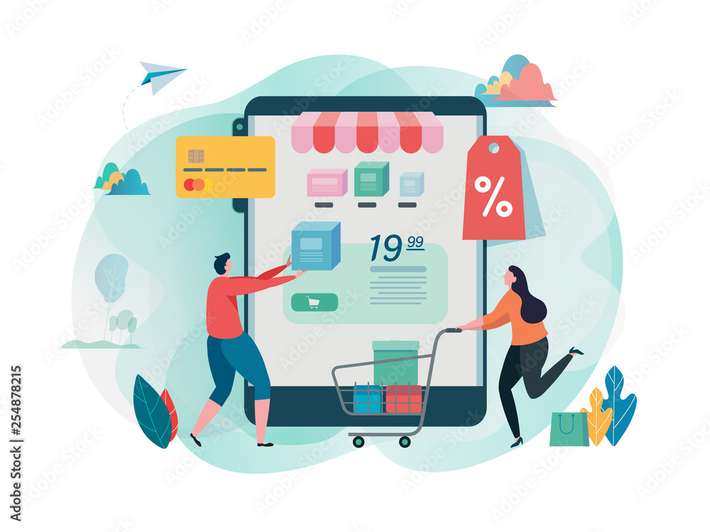 Buy online shop. Shopping on mobile. Online store. internet marketing.  Online payment. Flat cartoon character graphic design. Landing page  template,banner,flyer,poster,web page Stock Vector | Adobe Stock