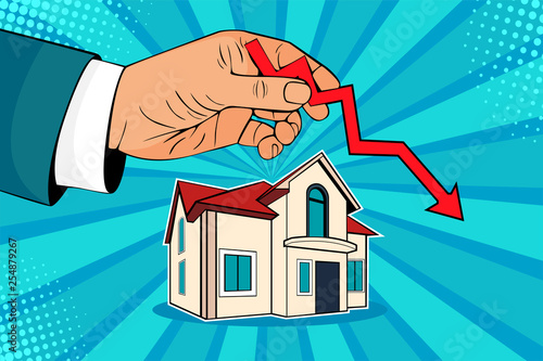 Falling down house prices. Man is holding green arrow up in his hand upon house. Cartoon comic vector illustration in pop art retro style.