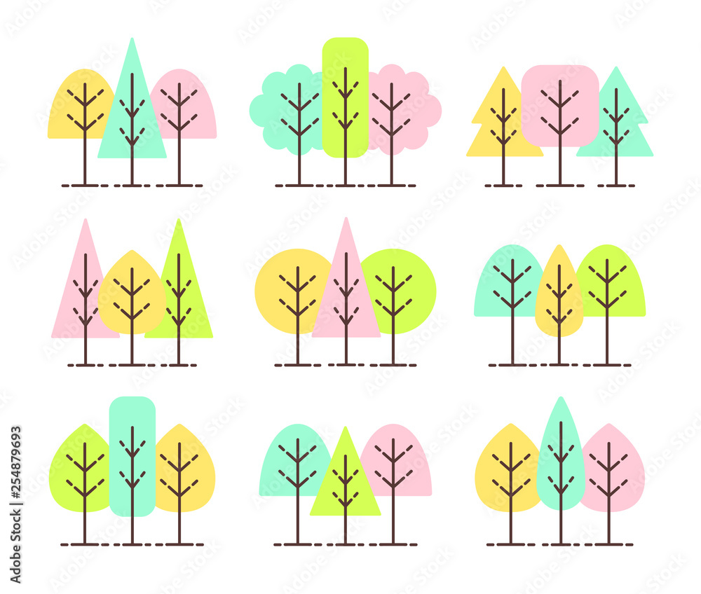 Simple geometric tree symbols. Flat icon set of forest plants. Natural park & garden signs. Isolated object Simple geometric tree symbols. Flat icon set of forest plants. Natural park & garden signs. Isolated object