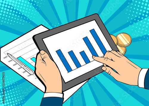 Businessman schedule growth tablet lunch. Cartoon comic vector illustration in pop art retro style.