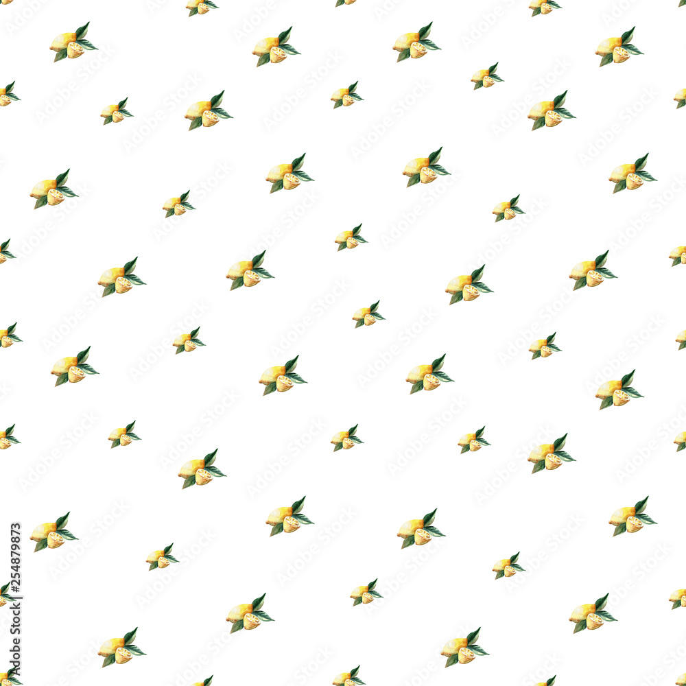 Seamless watercolor pattern of fresh juicy lemons with leaves on a white background. Isolated and hand drawn Seamless watercolor pattern of fresh juicy lemons with leaves on a white background. Isolated and hand drawn