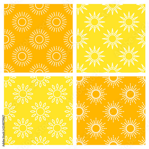 Sun pattern collection. Seamless paper set with line sunshine icons. Vector illustration.