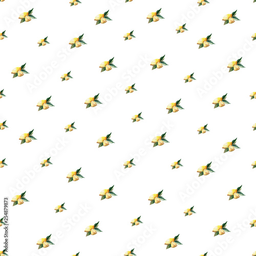 Seamless watercolor pattern of fresh juicy lemons with leaves on a white background. Isolated and hand drawn