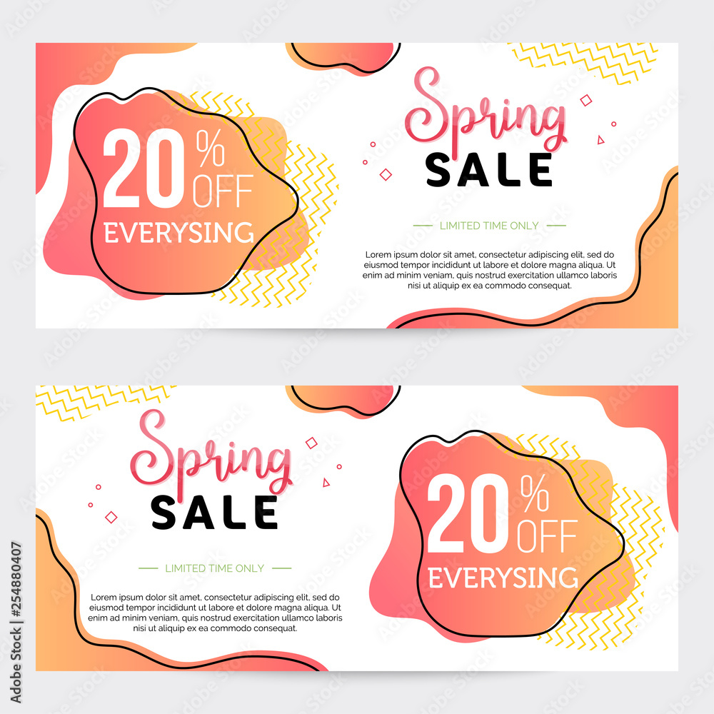 Spring sale banner with liquid forms background, colorful dual-gradient template