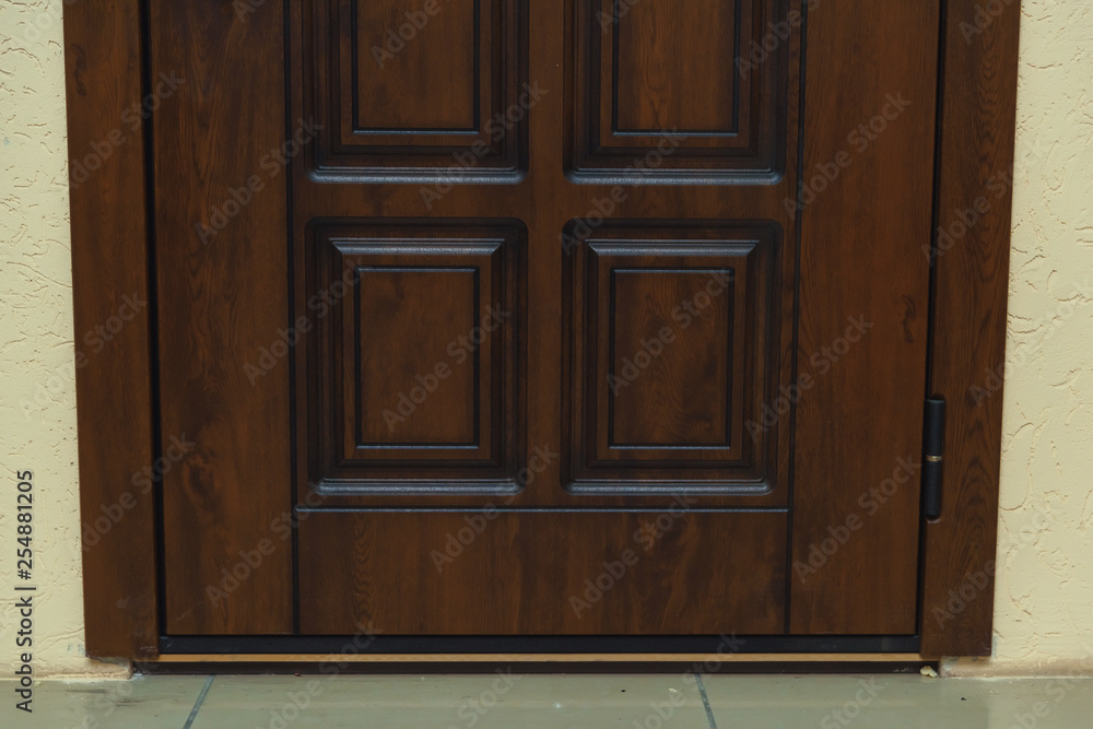 Brown metal entrance door. Metal door as wooden. Door decoration elements.  Stock Photo | Adobe Stock