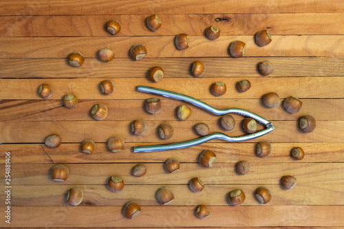 Top view of hazelnuts with a nutcracker on wooden background