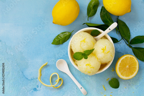 Homemade Fresh fruit lemon sorbet ice cream in a white bowl. Top view flat lay background with copy space. photo