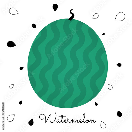 Striped watermelon on a white background with seeds and text. Vector illustaration for posters, cards, invitations, flyers, ect.