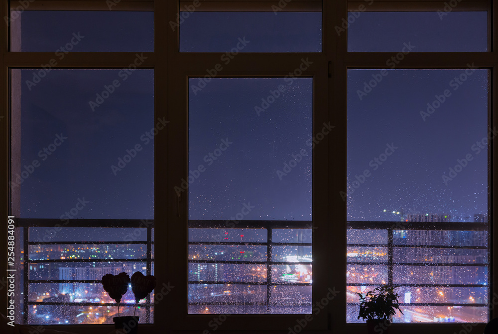 Beautiful Night City View From Cosy Panoramic Window With Rain Drops On It Kyiv Ukraine Stock Photo Adobe Stock