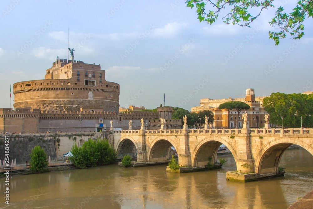 Castel Sant Angelo or Mausoleum of Hadrian in Rome Italy. Saint Angel Castle and bridge over the Tiber.