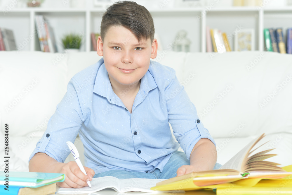 Portrait of boy doing homework at home. Education Portrait of boy doing homework at home. Education