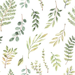 Handdoek met foto Aquarel bladerprint patronen Botanische lente eucalyptus en varens  © Kate Macate