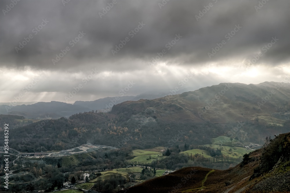 Crepuscular rays and the Great Langdale valley.